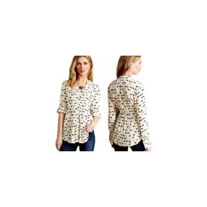 Anthropologie Maeve Blouse Top Women 4 Ivory Blue Pleated Horse Novelty Flaw